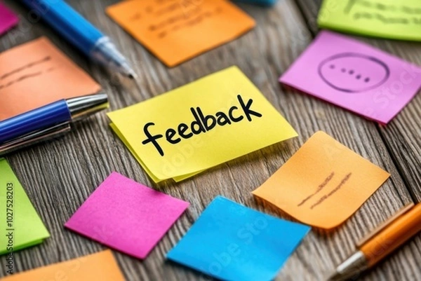 Fototapeta Post-it speech bubbles in a variety of colors, showing 'feedback' words