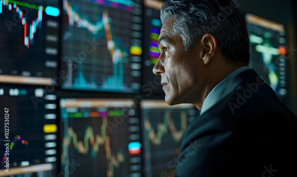 Obraz Senior market analyst studying data on computer displays