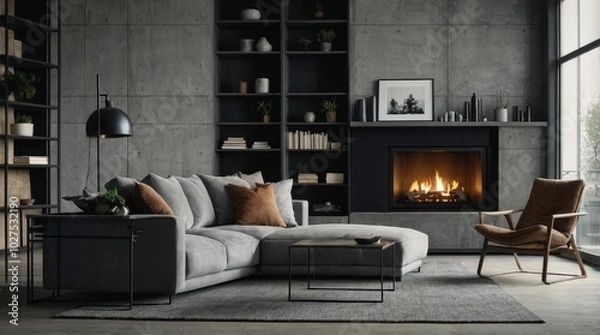 Fototapeta Grey corner sofa against shelving wall unit and fireplace