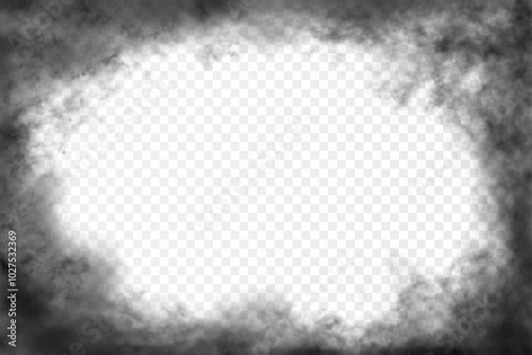 Fototapeta Black realistic clouds around the horizontal ractangular frame with empty space for text or inscription. Vector smog or stormy like cloudiness isolated on transparent background