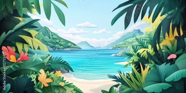 Fototapeta Tropical paradise with lush greenery and serene beaches, Tranquil tropical paradise with vibrant foliage and peaceful shorelines