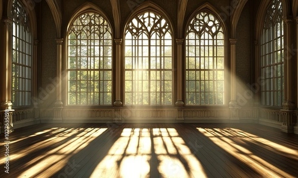 Obraz Sunlight streams through tall arched windows in a grand, empty room with wooden floors and stone walls.