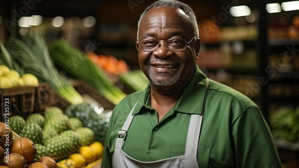 Obraz A man is smiling in front of a fruit and vegetable stand