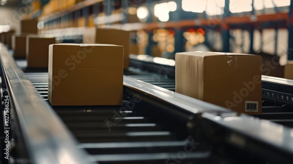 Fototapeta Conveyor belt in a warehouse with boxes on it. The boxes are brown and are being sorted