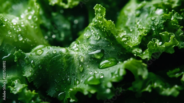 Fototapeta Fresh green lettuce with water droplets close-up, showcasing its natural texture and vibrant color after being washed in the kitchen