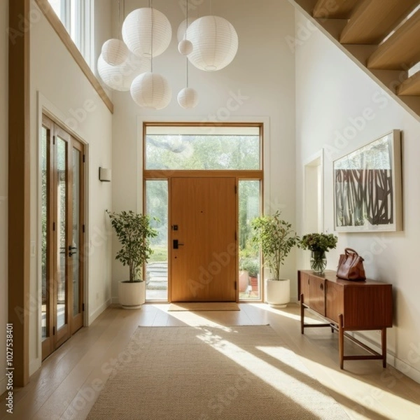 Fototapeta Wooden cabinet near window and staircase. Scandinavian interior design of modern entrance hall.