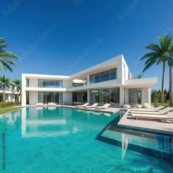 Fototapeta Exterior of amazing modern minimalist cubic villa with large swimming pool among palm trees. Created with generative Ai