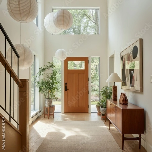 Fototapeta Wooden cabinet near window and staircase. Scandinavian interior design of modern entrance hall.