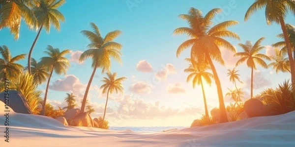 Fototapeta Tropical palm trees in a sunny setting, Tropical palm trees under bright sunlight