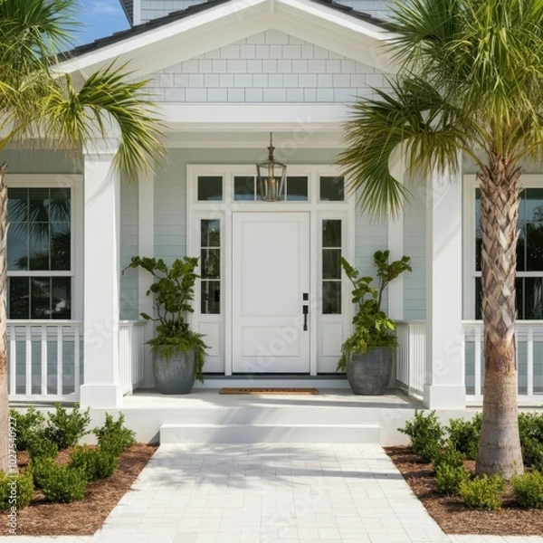 Fototapeta Main entrance door. White front door with porch. Exterior of georgian style home cottage house with columns.