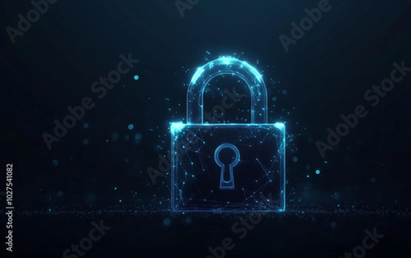 Fototapeta A lock made of glowing dots on a blue background, symbolizing data security and cyber protection with digital technology for network or website design.