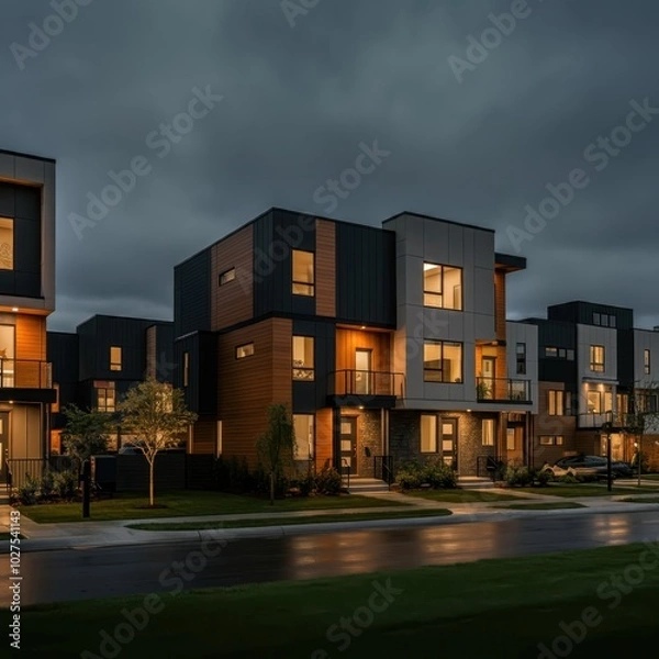 Obraz Modern modular private black townhouses. Residential architecture exterior. Created with generative Ai