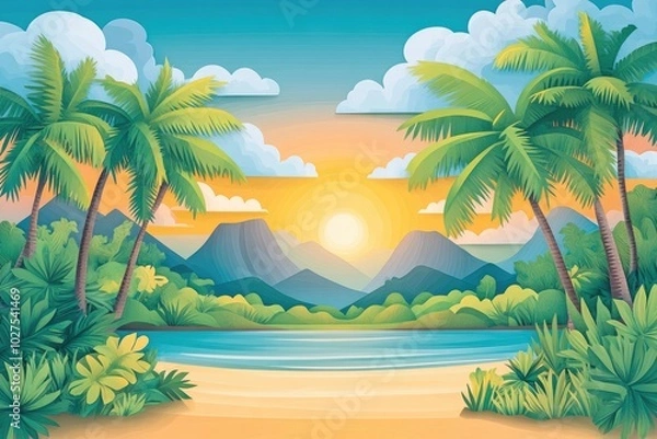 Fototapeta Scenic sandy beach lined with palm trees, Serene tropical beach with palm trees