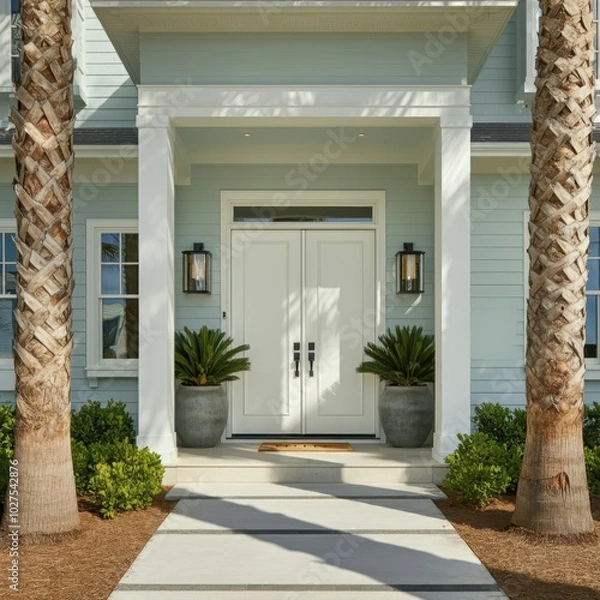 Fototapeta Main entrance door. White front door with porch. Exterior of georgian style home cottage house with columns.