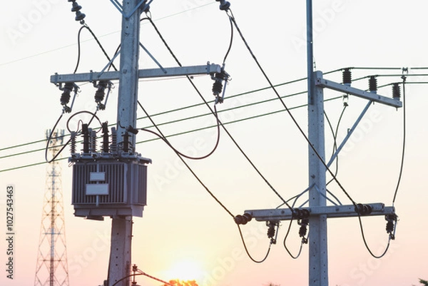 Fototapeta High Current AC Transformers Transferring electrical power to the user through distribution transformers on the poles.