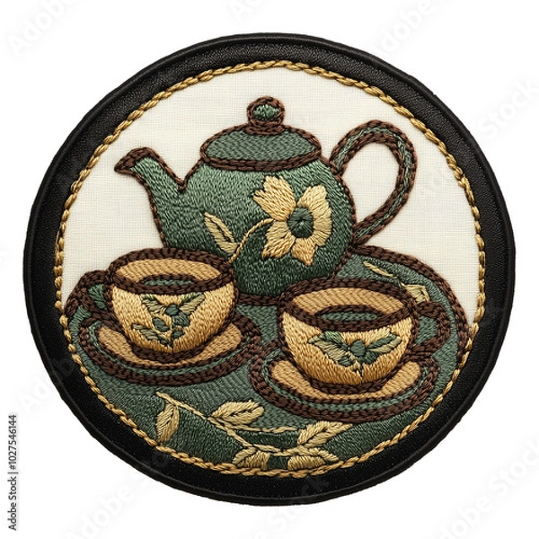 Obraz Tea set Design Embroidered Patch isolated on transparent background