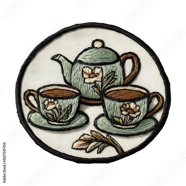 Obraz Tea set Design Embroidered Patch isolated on transparent background