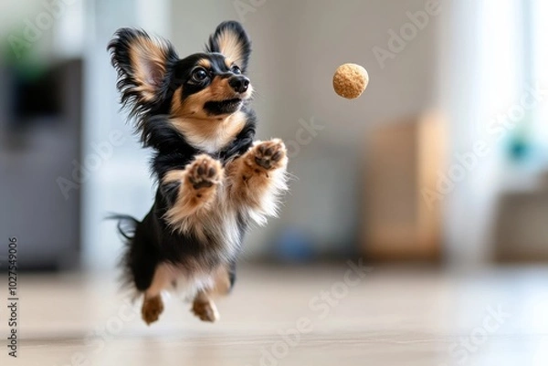 Fototapeta A small dog energetically jumps to catch a treat in a bright and spacious living room during the afternoon