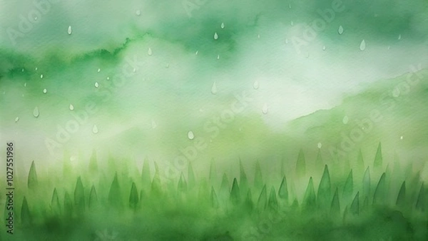 Fototapeta Refreshing green landscape with rain droplets and soft clouds, calming watercolor design