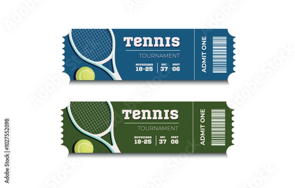 Fototapeta Vector sport tickets isolated on white background. Tennis ticket card template. Card invitation, event and date, place sector. Ticket icon for website. Tennis Tournament.Racket for tennis and ball.
