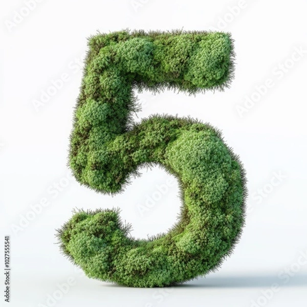 Fototapeta 3D number 5 with moss texture realistic modern design, soft lighting, white background