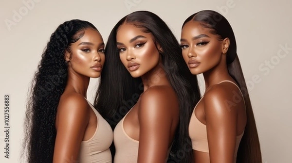 Obraz Three stunning Black women showcase flawless glam makeup in a chic photoshoot for a beauty brand featuring luxurious eyelashes