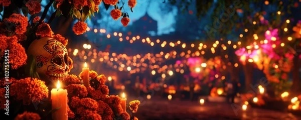 Obraz A vibrant night scene featuring marigold flowers, candles, and decorations, creating a festive atmosphere adorned with lights.