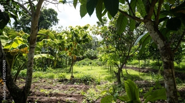Obraz Visualize a serene cocoa plantation where cacao trees thrive under the tropical sun. The plantation is lush with greenery