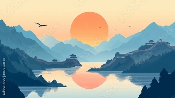 Fototapeta Sunset over a Tranquil Mountain Lake with Ancient Structures