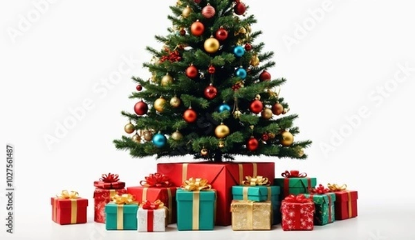 Fototapeta A brightly lit Christmas tree, surrounded by numerous colorful gift boxes, creates a warm and festive atmosphere in a modern living room. Ideal for use in holiday designs, seasonal promotions