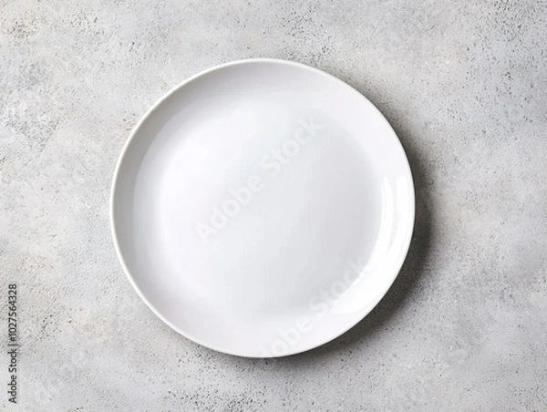 Fototapeta Top-view of a white ceramic plate on a light concrete surface, creating a clean, industrial look for product presentations