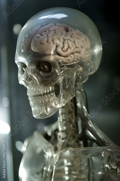 Obraz Transparent skull with human brain and mechanical components
