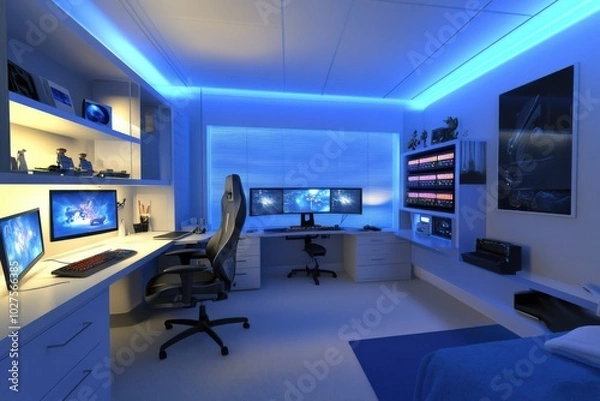 Obraz Gaming room filled with gaming consoles and RGB keyboards