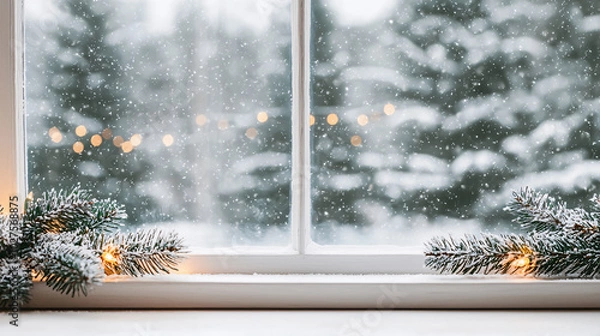 Fototapeta Cozy winter scene of a snow-covered window decorated with Christmas lights, looking out onto a snowy forest.