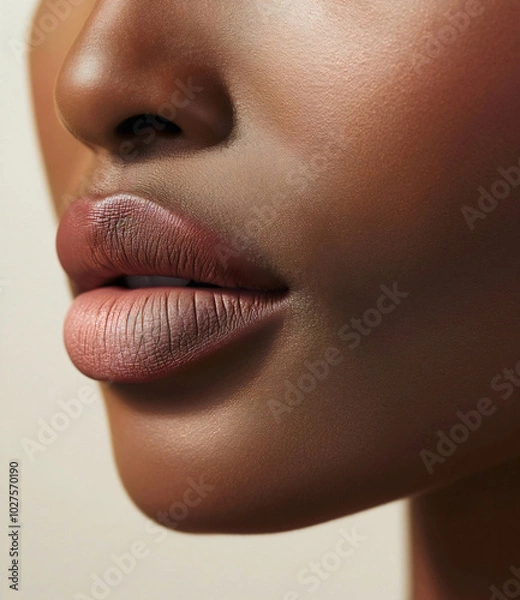 Obraz Close-up of lips with matte red, pink, purple, brown lipstick highlighting its soft texture and natural shine. Texture of female lips.