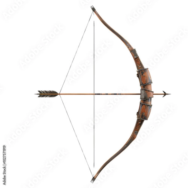 Fototapeta A detailed wooden bow with an arrow, ideal for archery enthusiasts, isolated on a white background.