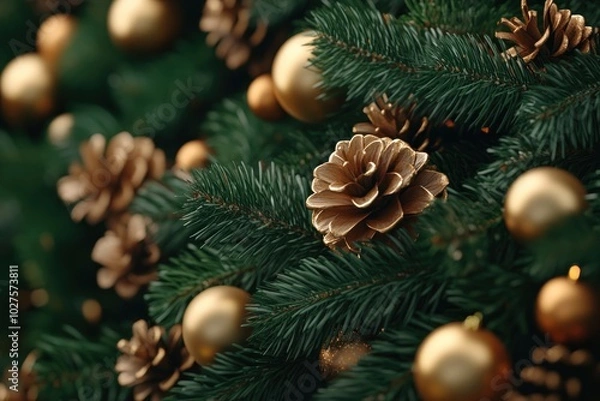 Fototapeta Close-up of a Christmas Tree Decorated with Golden Ornaments and Pine Cones, Sparkling Lights Create a Festive and Warm Ambiance