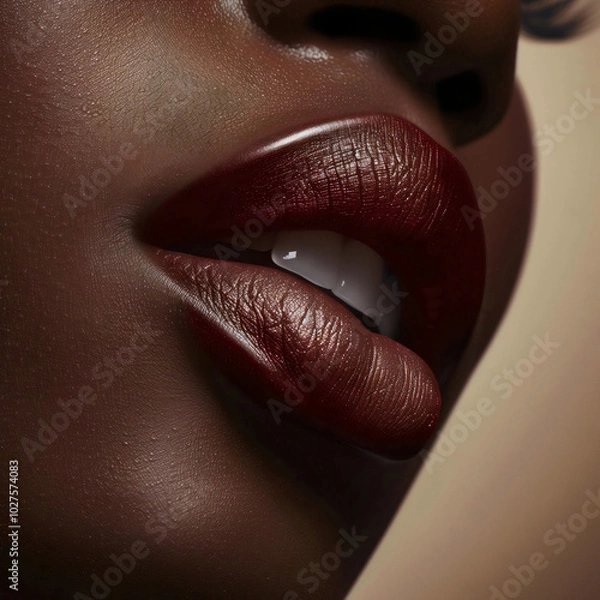 Obraz Close-up of lips with matte red, pink, purple, brown lipstick highlighting its soft texture and natural shine. Texture of female lips.