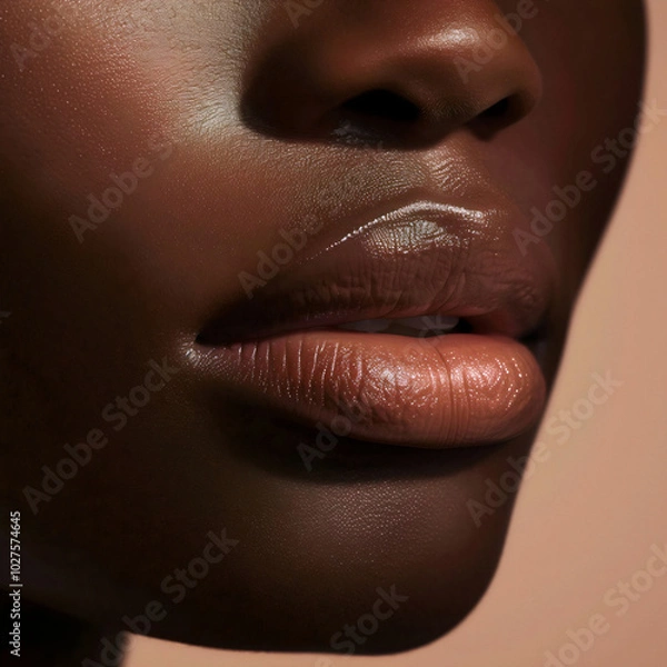 Obraz Close-up of lips with matte red, pink, purple, brown lipstick highlighting its soft texture and natural shine. Texture of female lips.
