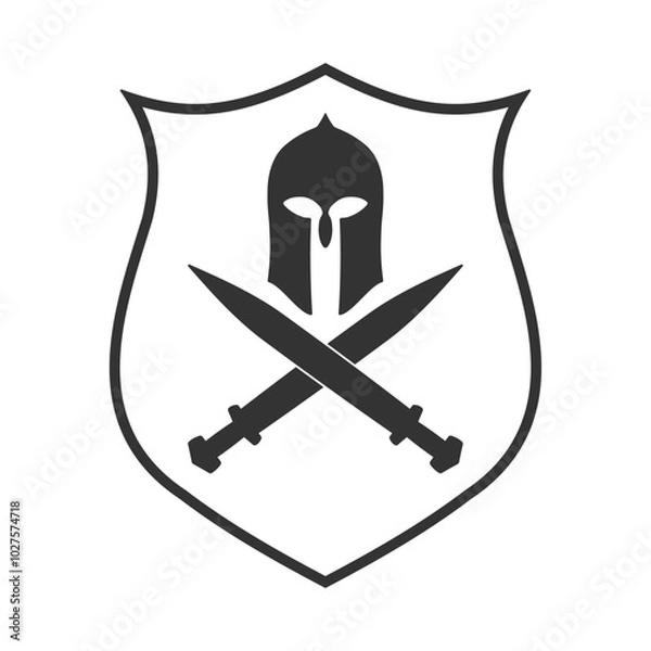 Fototapeta Spartan or corinthian coat of arms. Helmet an swords crest silhouette. Armor symbol logo sing. Military icon. Vector illustration image.