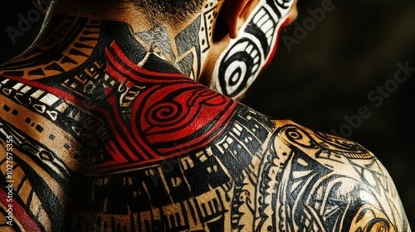 Fototapeta Traditional tribal body art featuring symbolic patterns and markings, representing cultural heritage and identity.