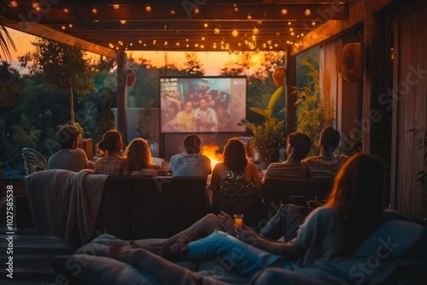 Fototapeta Open air cinema. Backyard Family outdoor movie night. DIY Screen with film. Summer outdoor weekend. Relaxing with a group of friends
