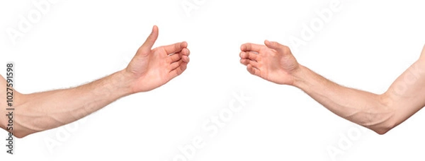 Obraz Two outstretched hands with open palms ready to hold an object. Isolated background PNG file makes it easy to edit and add objects to the hands in Photoshop