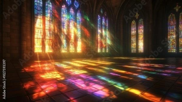 Fototapeta A detailed interior view of a sacred space, with stained glass windows casting colorful light on the floor