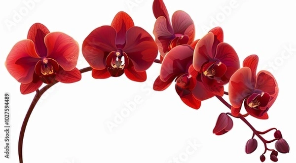 Fototapeta A vibrant branch of red orchids with delicate petals and a deep, rich color isolated on a white background.