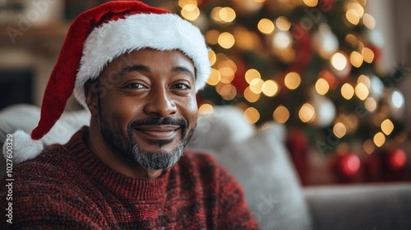 Fototapeta Smiling man with short hair, wearing a red sweater and Santa hat, sitting on a light grey couch. The glowing Christmas tree in the background adds a festive touch