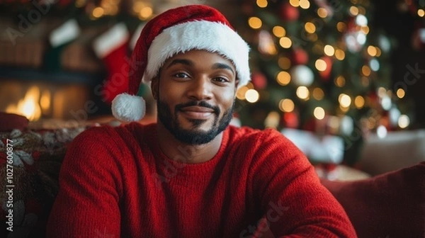 Fototapeta Smiling man in Santa hat sitting on sofa with Christmas tree in background