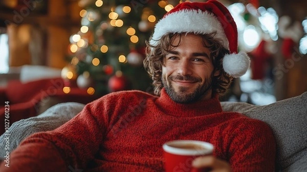 Fototapeta Smiling man with wavy brown hair, wearing a red sweater and Santa hat, sitting on a light grey couch, holding a red cup, with a Christmas tree glowing in the background
