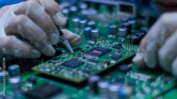 Fototapeta Close-up of technician working on a circuit board with a soldering iron.