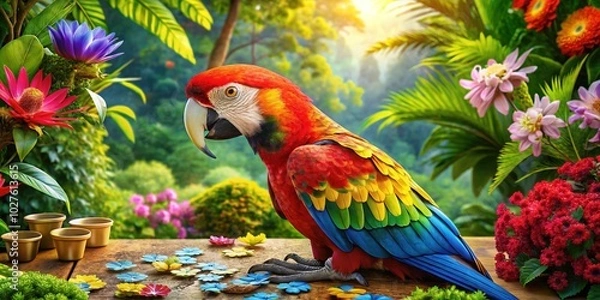 Fototapeta Colorful Parrot Assembles Puzzle Against a Bright Tropical Backdrop